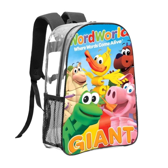 WordWorld-theme Clear Backpack Heavy Duty Transparent Bag See Through Bookbag for Work, Sport, College, Travel12.2X16.9"(31X43cm)