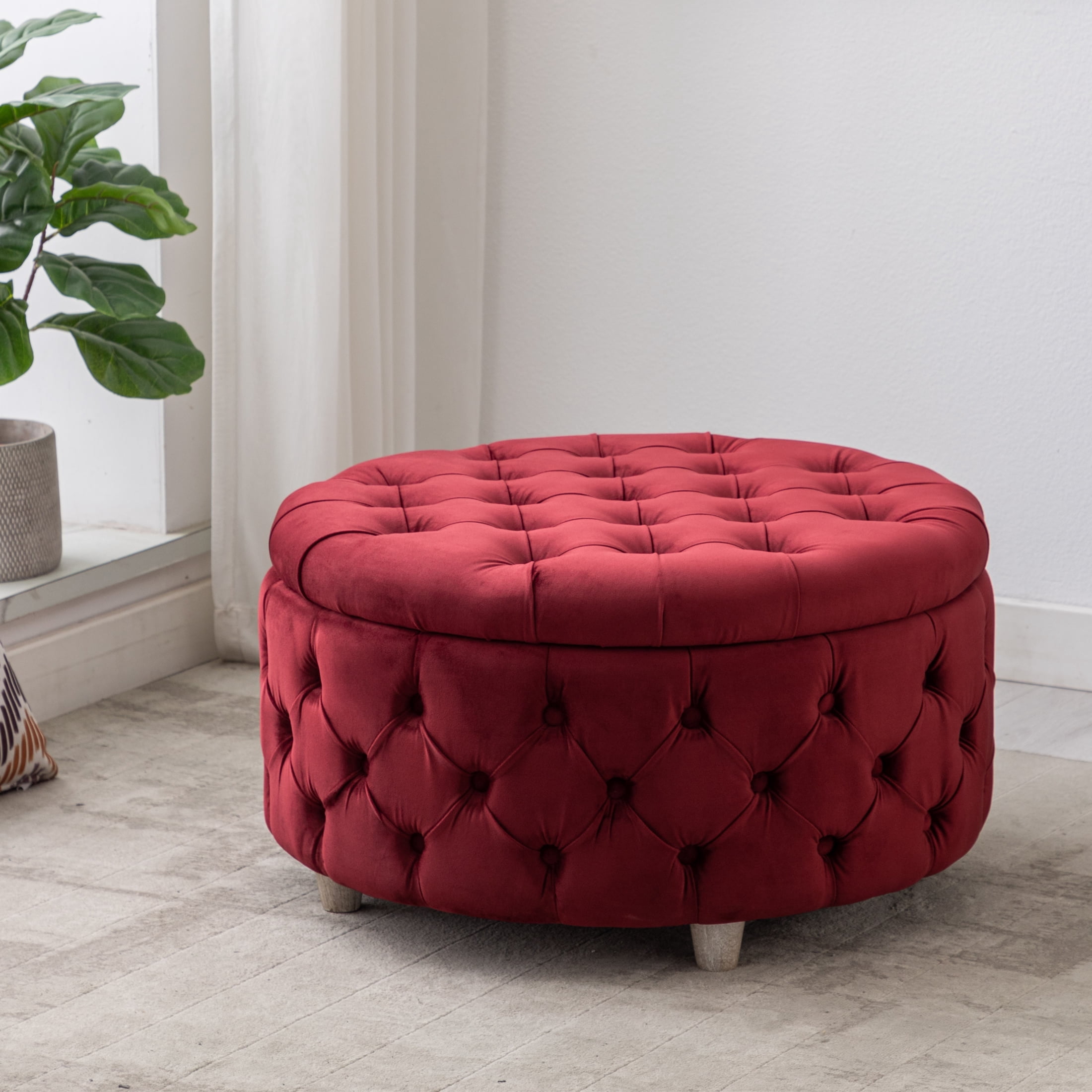 WestinTrends Wordford Round Velvet Tufted Storage Ottoman, Velvet Red - Walmart.com