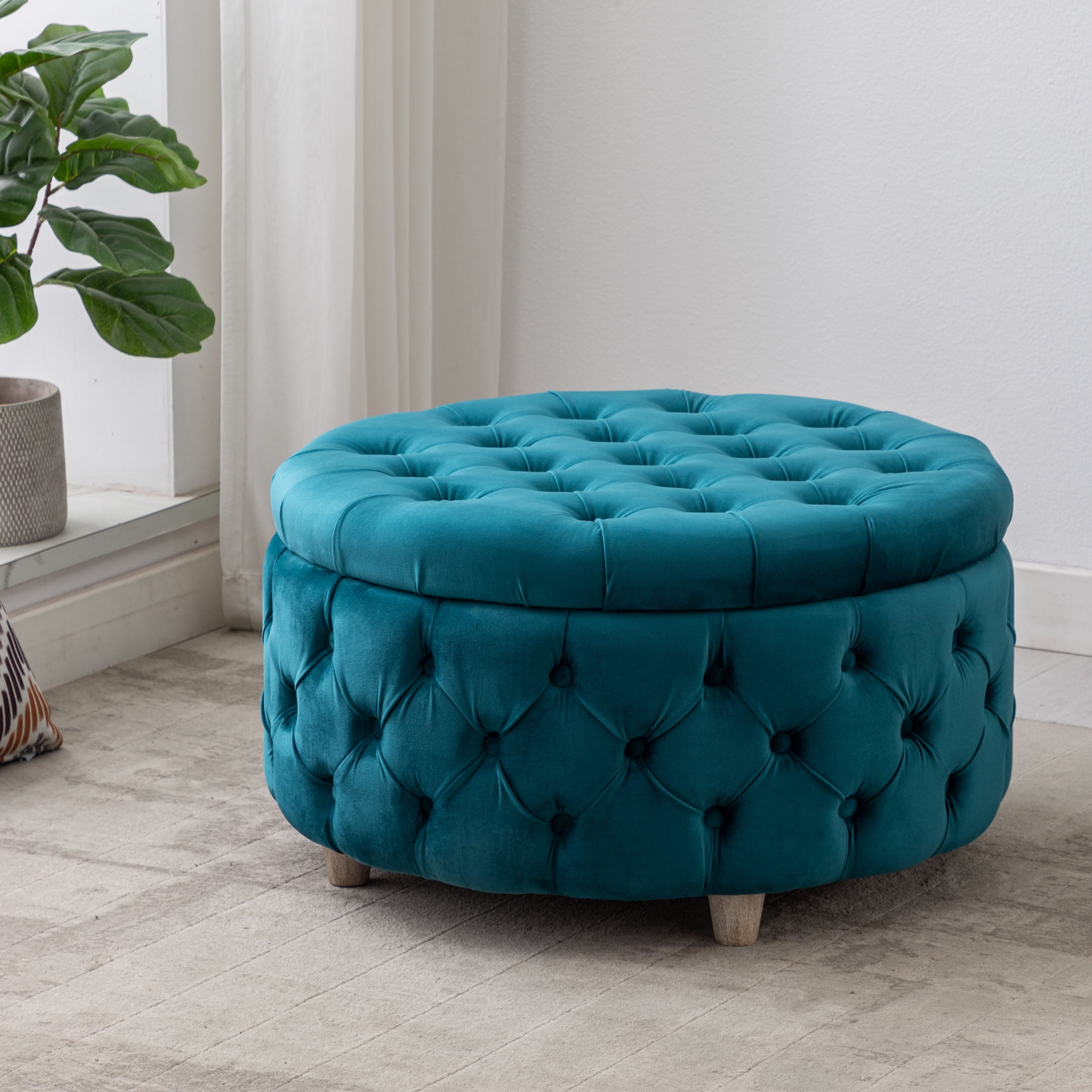 Wordford Round Velvet Tufted Storage Ottoman, Velvet Teal - Walmart.com