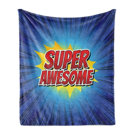 Wording Soft Flannel Fleece Throw Blanket, Comic Book Design with Half Tone and Lines Background Super Words, Cozy Plush for Indoor and Outdoor Use, 50" x 70", Red Blue Yellow, by Ambesonne