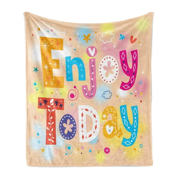 Wording Soft Flannel Fleece Throw Blanket, Enjoy Today Words Typography Ornamented with Doodle Stars Hearts Clouds Flower, Cozy Plush for Indoor and Outdoor Use, 60" x 80", Multicolor, by Ambesonne