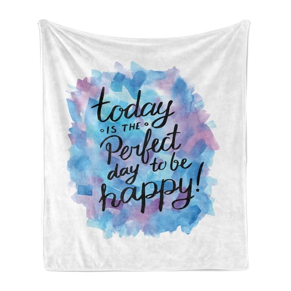 Wording Soft Flannel Fleece Throw Blanket, Hand Drawn Paint Brush Effect Happiness Words Abstract Composition, Cozy Plush for Indoor and Outdoor Use, 70" x 90", Dried Rose Blue Black, by Ambesonne