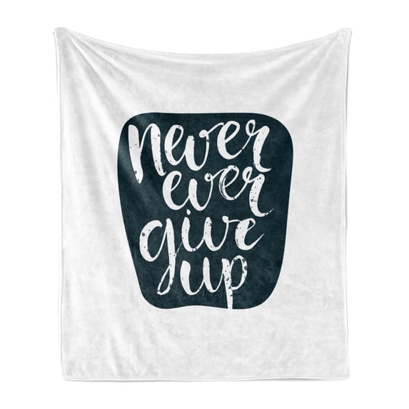 Wording Soft Flannel Fleece Throw Blanket, Never Ever Give Words with Grunge Rough Typography Calligraphy Art, Cozy Plush for Indoor and Outdoor Use, 60" x 80", Dark Blue White, by Ambesonne