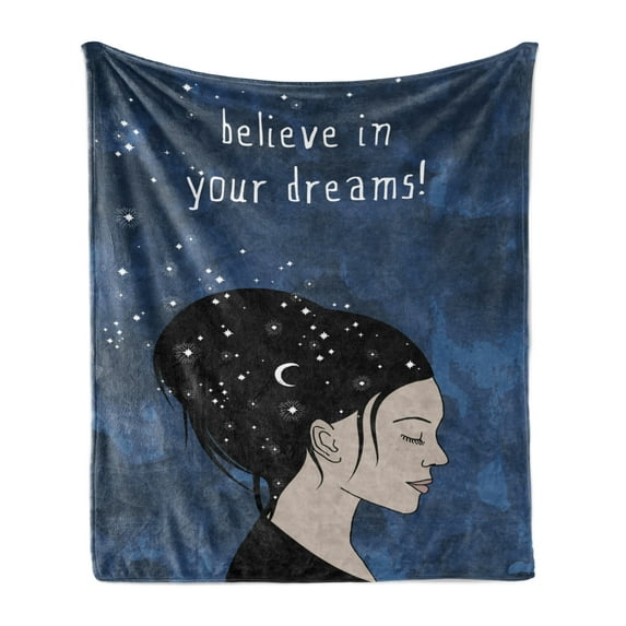 Wording Soft Flannel Fleece Throw Blanket, Portrait of Woman with Dark Hair and Moon Stars Dream Believer Words Feminine Art, Cozy Plush for Indoor and Outdoor Use, 60" x 80", Blue, by Ambesonne