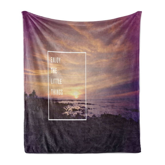 Wording Soft Flannel Fleece Throw Blanket, Sunset on Beach with Tropical Landscape Hawaiian Scenic Beauty Idyllic Words, Cozy Plush for Indoor and Outdoor Use, 70" x 90", Multicolor, by Ambesonne