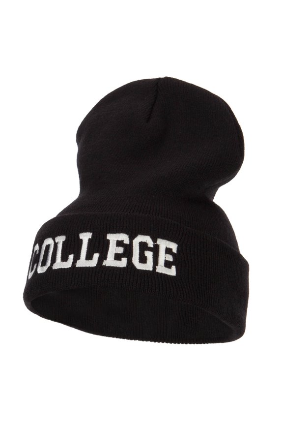 Wording of College Embroidered Long Beanie - Black OSFM