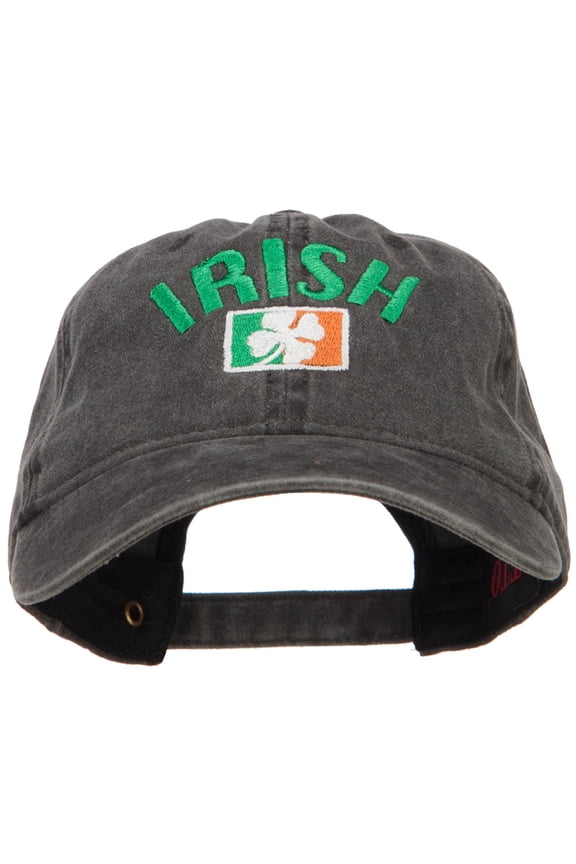 Wording of Irish and Ireland Shamrock Flag Embroidered Washed Cotton Cap - Black OSFM