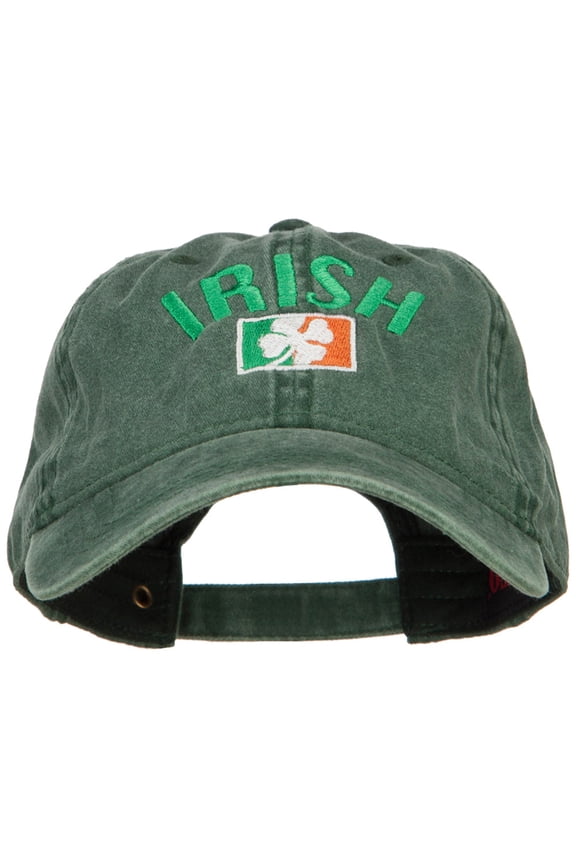 Wording of Irish and Ireland Shamrock Flag Embroidered Washed Cotton Cap - Dk Green OSFM