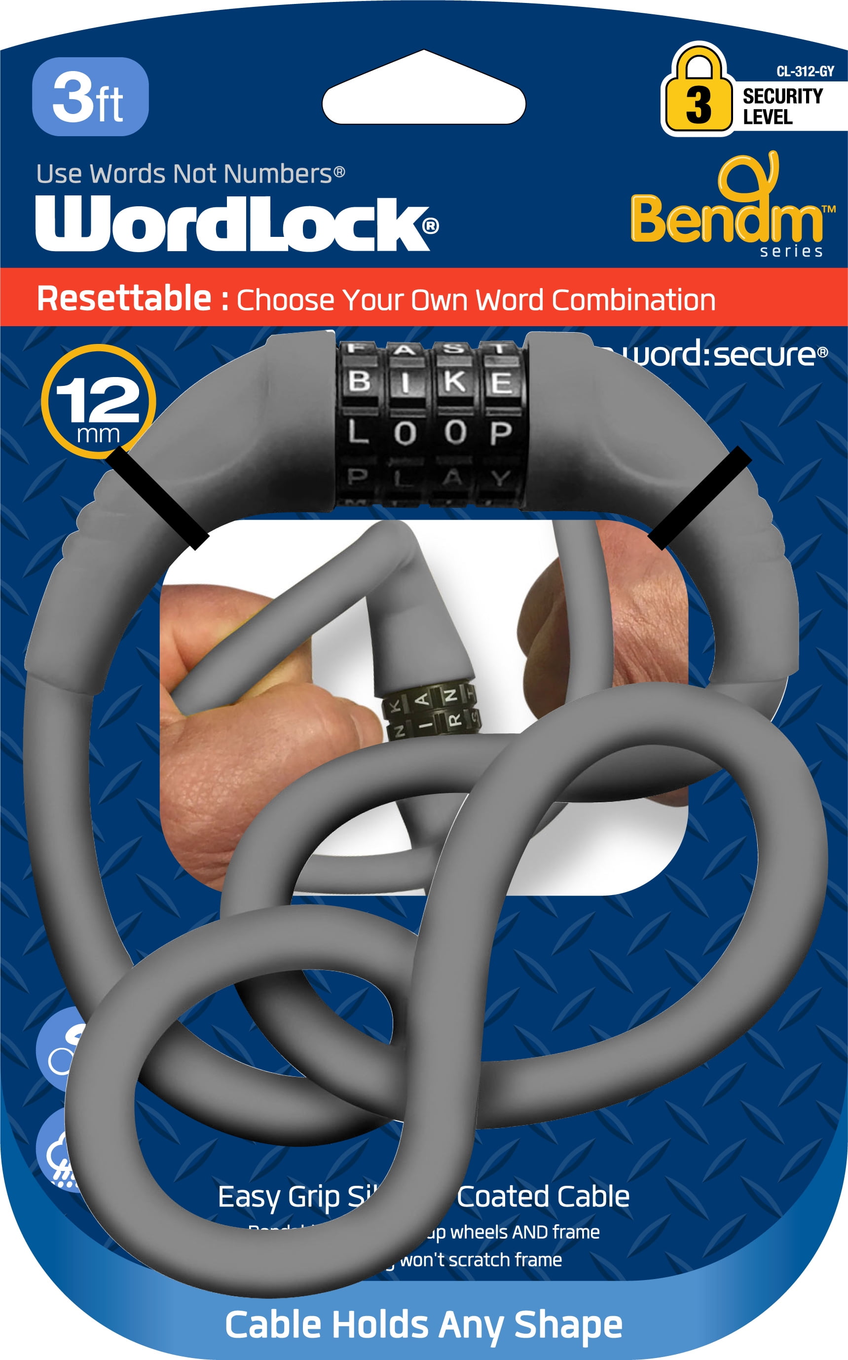 Wordlock 3ft 12mm Bendm Cable Lock Gray Walmart