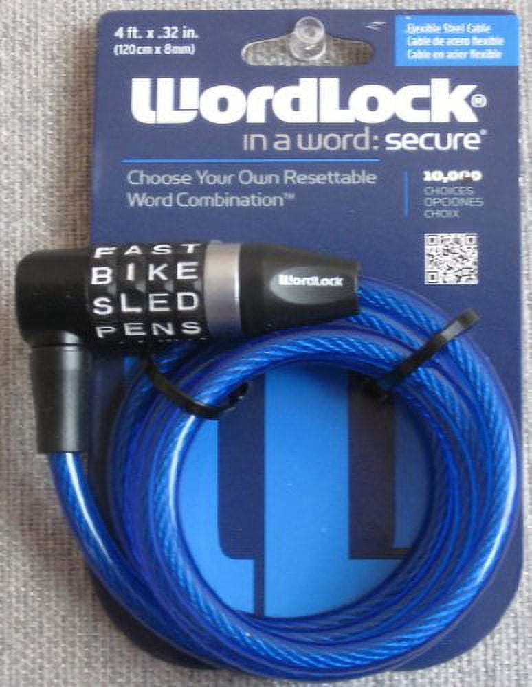 Wordlock Flexible Steel Cable Resettable Bike Lock 4' x .32" Blue