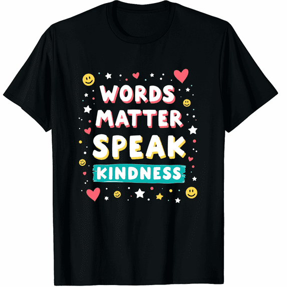 Words Matter Speak Kindness Groovy Colorful Positive Message Graphic Black T-Shirt for Men and Women