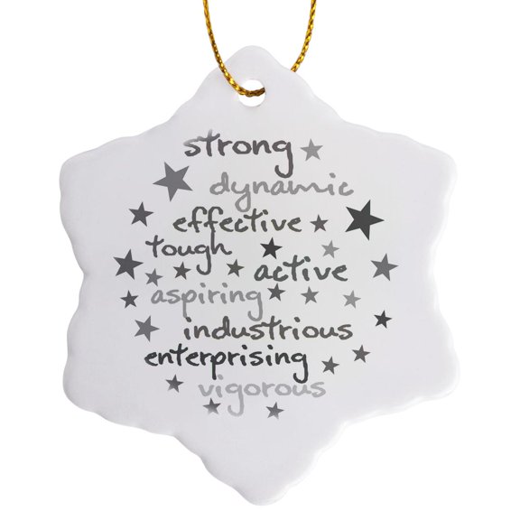 3drose, Words of Strength and Energy Positive Grey Text on White Background, 3 inch Snowflake Porcelain Ornament