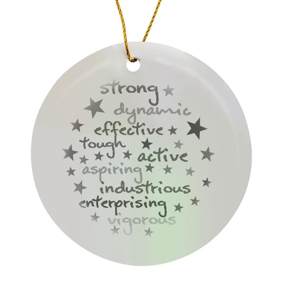 3drose, Words of Strength and Energy Positive Grey Text on White Background, Circle Porcelain Ornament