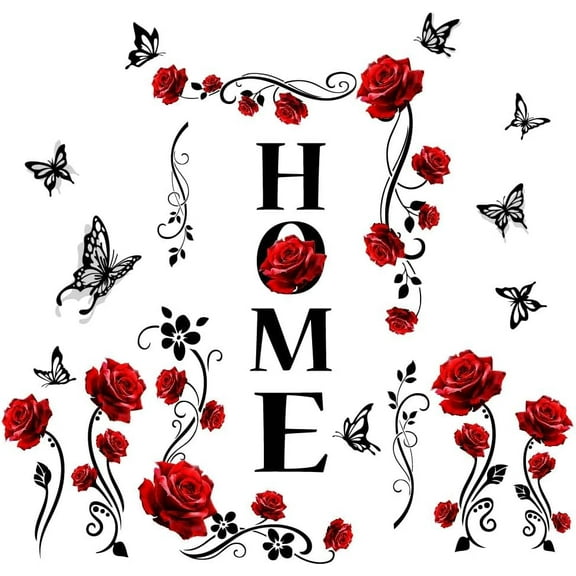Words Wall Stickers Red Rose Self Adhesive Wall Decals Wall Art Mural Decals Home Wall Decor Waterproof Wall Decoration for Home Living Room Bedroom Bathroom Study Room DIY