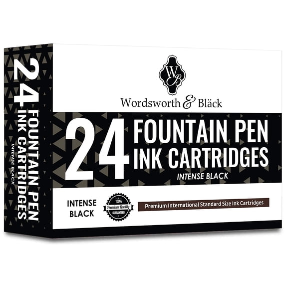 Wordsworth & Black 24 Pack Fountain Pen Ink Refills - Set of 24 Black Ink Cartridges - International Standard Size - Length APPR 2.3" - Base Diameter APPR 0.24" - Disposable and Generic