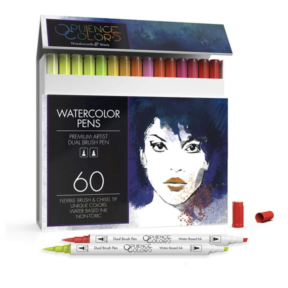 Wordsworth & Black 60 Pack Dual Tips - Brush and Chisel Tips, Professional Watercolor Pens