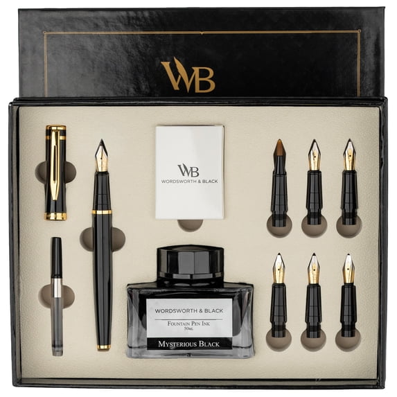 Wordsworth & Black Calligraphy Pen Gift Set, Black Gold 6 Cartridges 1 Ink Bottle 6 Replacement Nibs
