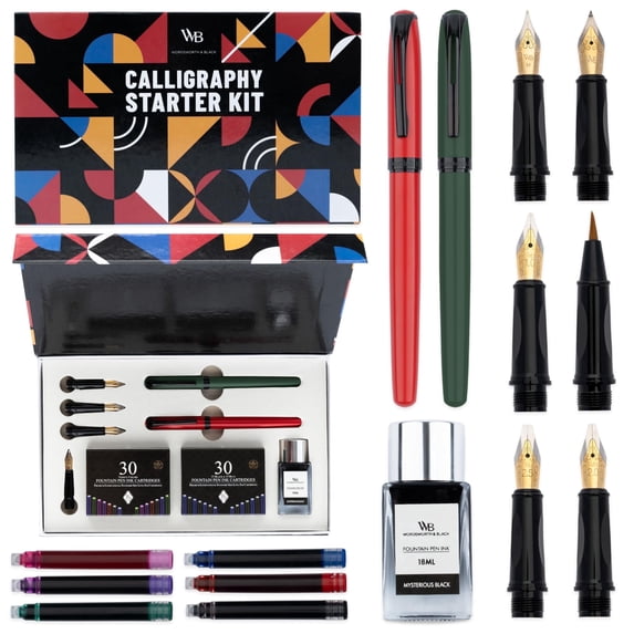 Wordsworth and Black Calligraphy Pen Set-Green-Includes 2 Calligraphy Pens,18 ML Ink Bottle,60 Ink Cartridges,Ink Refill Converter,1 Medium and 4 Broad Nibs,Brush Pen-Calligraphy Kit for Beginners