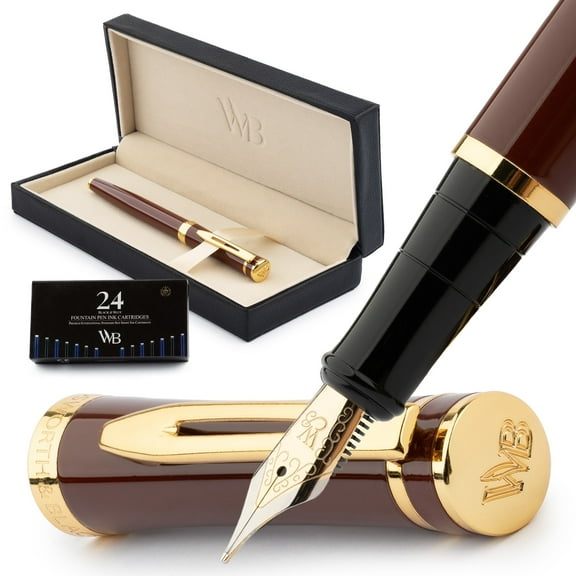 Wordsworth & Black Fountain Pen Set, 18K Gilded Medium Nib, Includes 24 Pack Ink Cartridges, Ink Refill Converter & Gift Box, Gold Finish, Calligraphy, [Brown Gold], Perfect for Men & Women