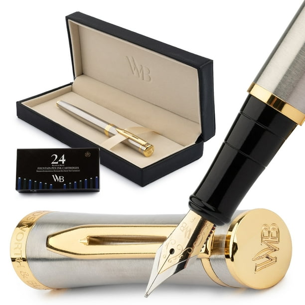 Wordsworth Black Fountain Pen Set, 18K Gilded Fine Nib, Includes
