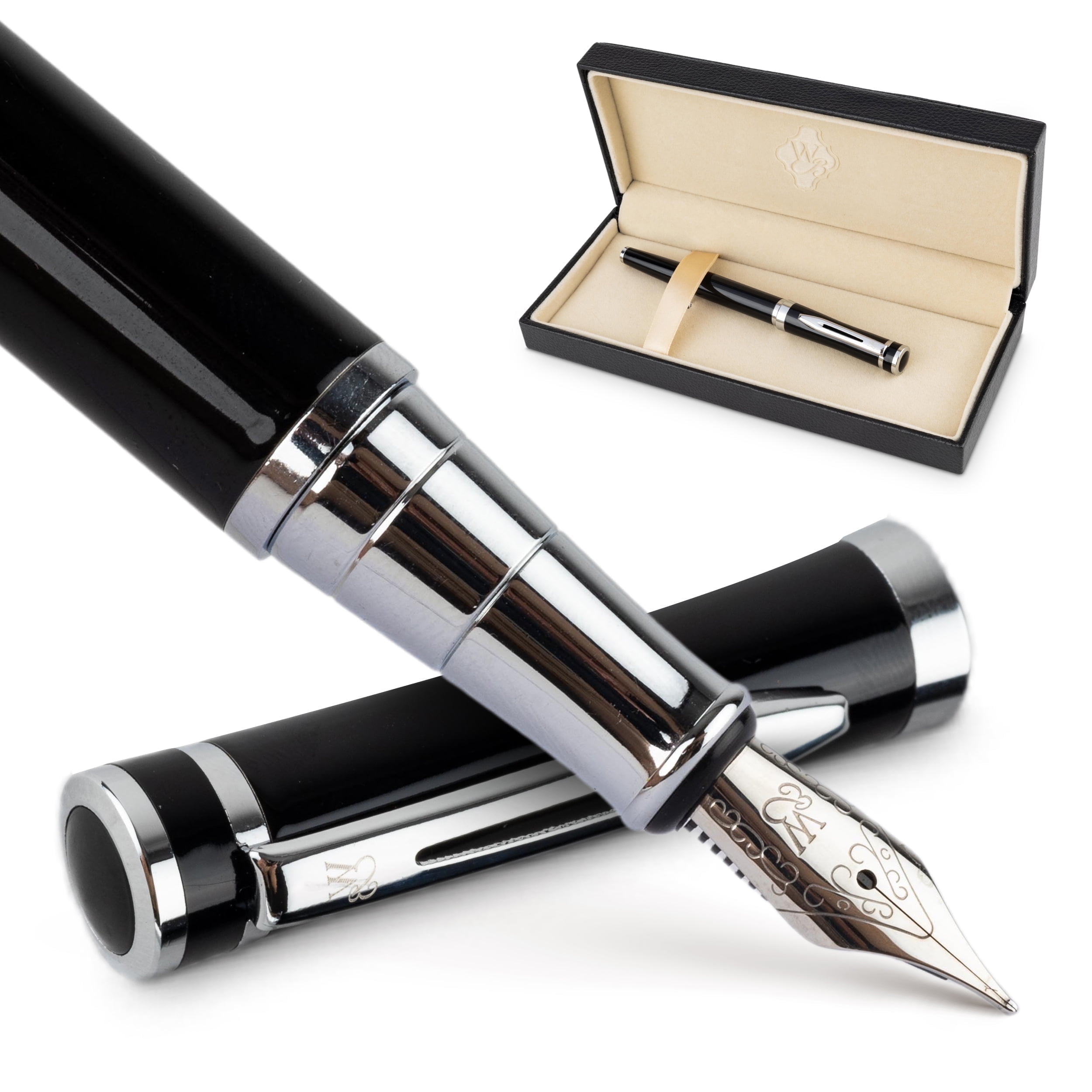 Wordsworth Black Fountain Pen, Medium Nib Ink Pen, Black Chrome
