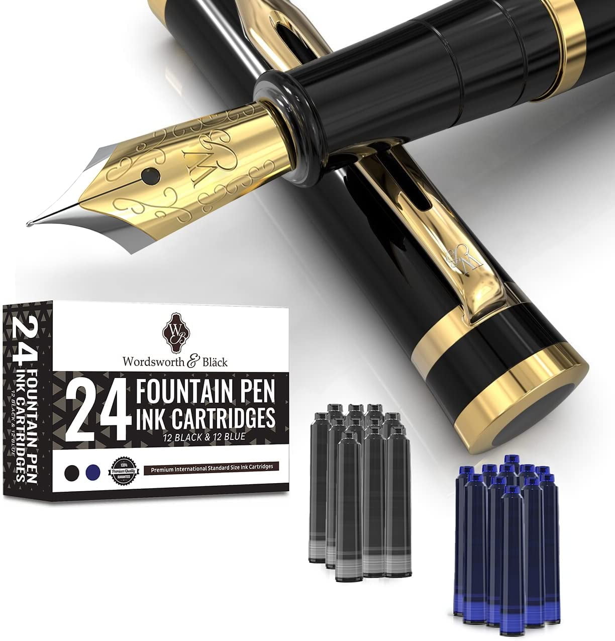 Wordsworth & Black Fountain Pen, Medium Nib Ink Pen, Black Gold -  Refillable, Calligraphy 