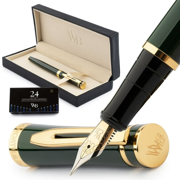 Wordsworth & Black Fountain Pen Set, 18K Gilded Medium Nib, Includes 24 Pack Ink Cartridges, Ink Refill Converter & Gift Box, Gold Finish, Calligraphy, [Racing Green], Perfect for Men & Women