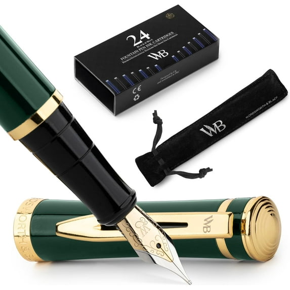 Wordsworth & Black Fountain Pen, Medium Nib Ink Pen, Racing Green - Refillable, Calligraphy