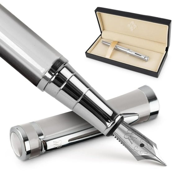 Wordsworth & Black Fountain Pen, Medium Nib Ink Pen, Silver Chrome - Refillable, Calligraphy
