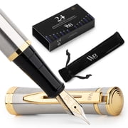 Wordsworth & Black Fountain Pen Set, 18K Gilded Medium Nib, Includes 24 Pack Ink Cartridges, Ink Refill Converter & Gift Pouch, Gold Finish, Calligraphy, [Silve