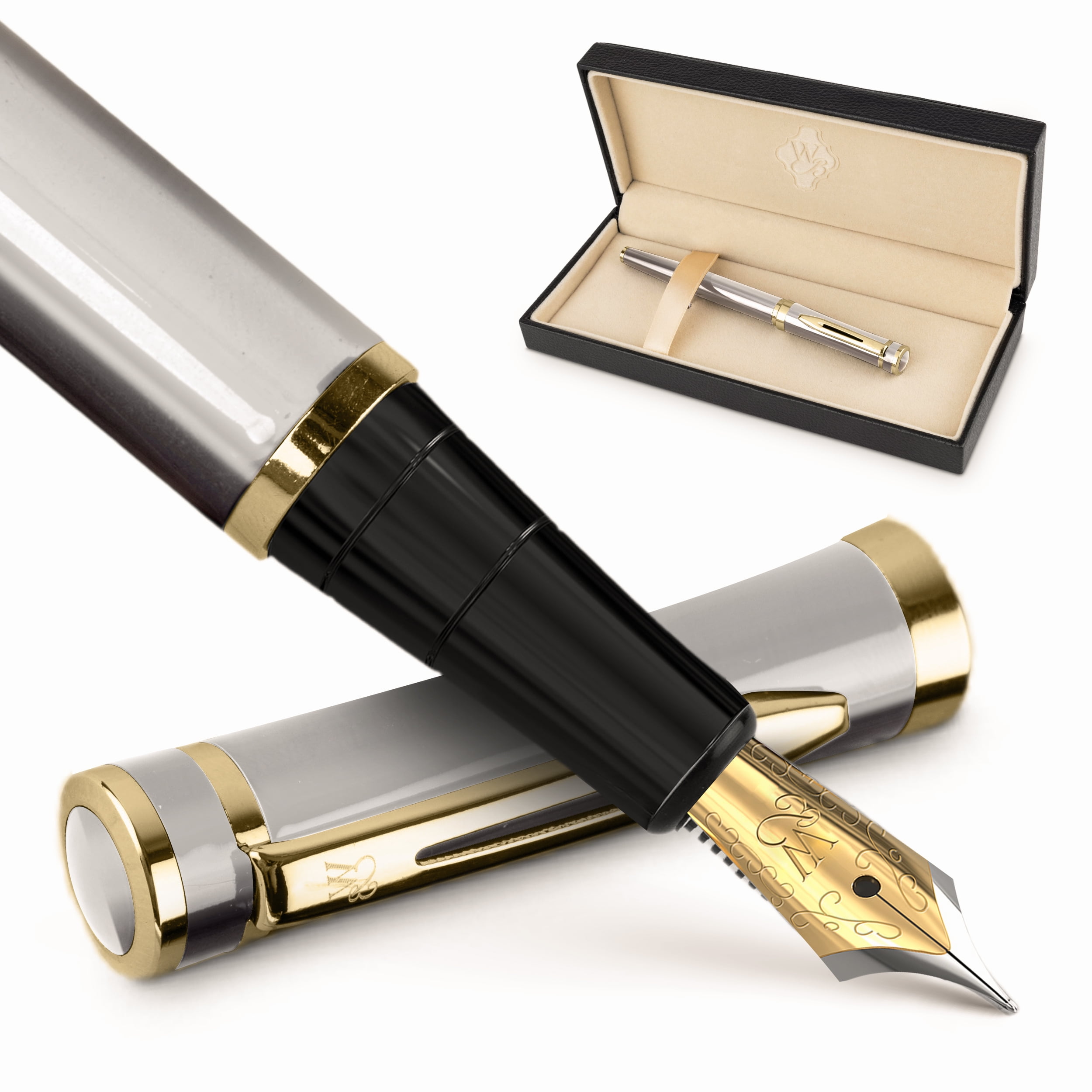 Wordsworth & Black Fountain Pen, Medium Nib Ink Pen, White Gold - Refillable, Calligraphy, Silver