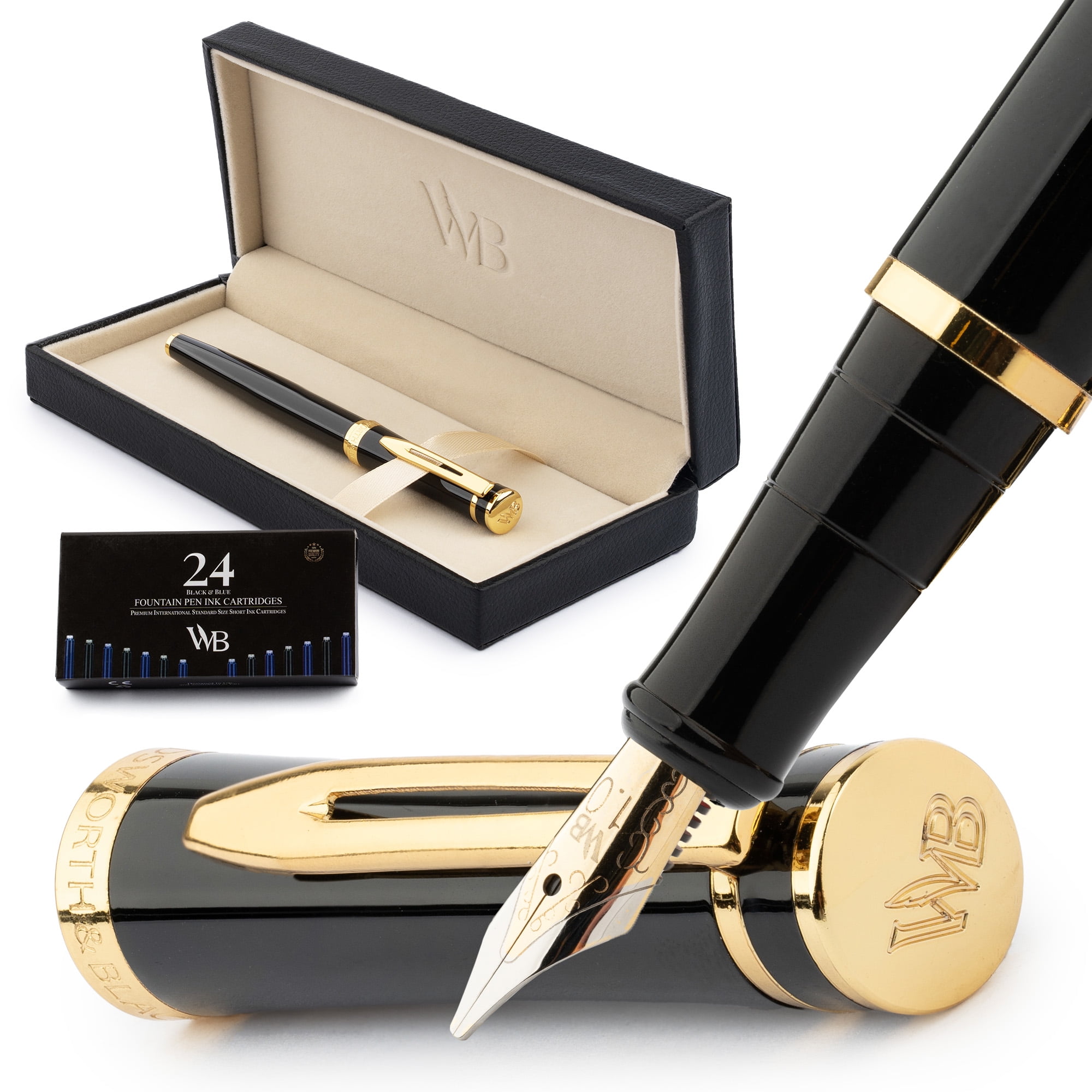 Plumas Estilográficas Wordsworth \u0026 Black Fountain Pen Set, 18K Gilded Broad  Nib, Includes 24 Pack Ink Cartridges, Ink Refill Converter \u0026 Gift Box, Gold  Finish, Calligraphy Retractable Fountain Pen, image size:2000x2000