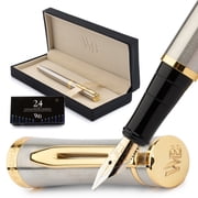 Wordsworth & Black Fountain Pen Set, 18K Gilded Broad Nib, Includes 24 Pack Ink Cartridges, Ink Refill Converter & Gift Box, Gold Finish, Calligraphy, [Silver Gold], Perfect for Men & Women