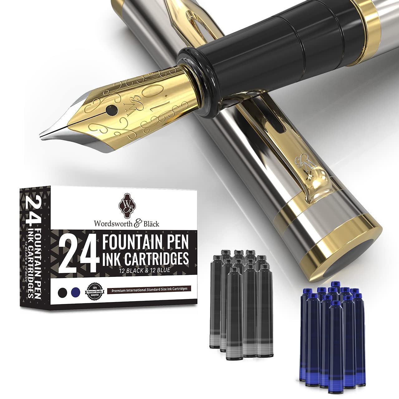 Wordsworth & Black Fountain Pen Set, 18K Gilded Broad Nib, 24 Pack Ink  Cartridges - Silver Gold 