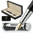 thumbnail image 1 of Wordsworth & Black Fountain Pen Set, 18K Gilded Fine Nib, Includes 24 Pack Ink Cartridges, Ink Refill Converter & Gift Box, Gold Finish, Calligraphy, [Black Chrome], Perfect for Men & Women, 1 of 10