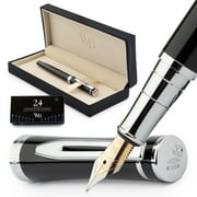 Wordsworth & Black Fountain Pen Set, 18K Gilded Fine Nib, Includes 24 Pack Ink Cartridges, Ink Refill Converter & Gift Box, Gold Finish, Calligraphy, [Black Chrome], Perfect for Men & Women