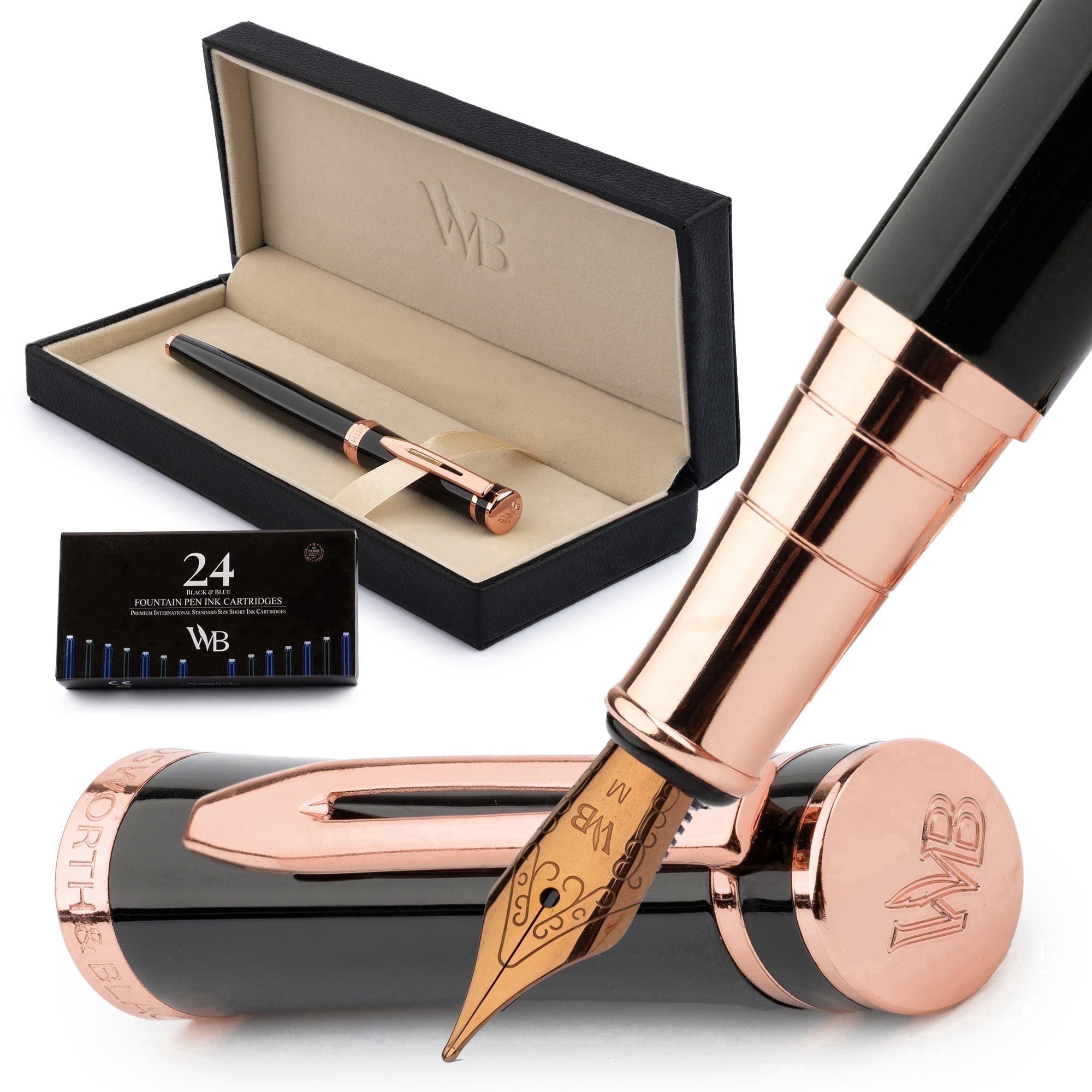 Wordsworth & Black Fountain Pen Set, 18K Gilded Medium Nib, Includes 24 Pack Ink Cartridges, Ink Refill Converter & Gift Box, Gold Finish, Calligraphy, [Black Rose Gold], Perfect for Men & Women