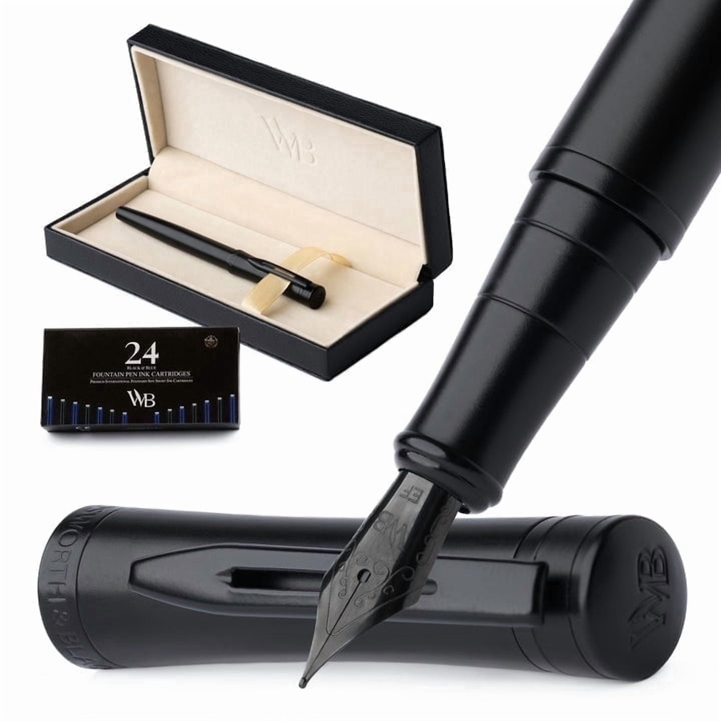 Wordsworth & Black Fountain Pen Set, Extra Fine Nib, Includes 24 Pack Ink Cartridges, Ink Refill Converter & Gift Box, Calligraphy, [All Black], Perfect for Men & Women