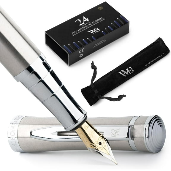Wordsworth & Black Fountain Pen Set, Extra Fine Nib, Includes 24 Pack Ink Cartridges, Ink Refill Converter & Gift Pouch, Chrome Finish, Calligraphy, [Silver Chrome], Perfect for Men & Women