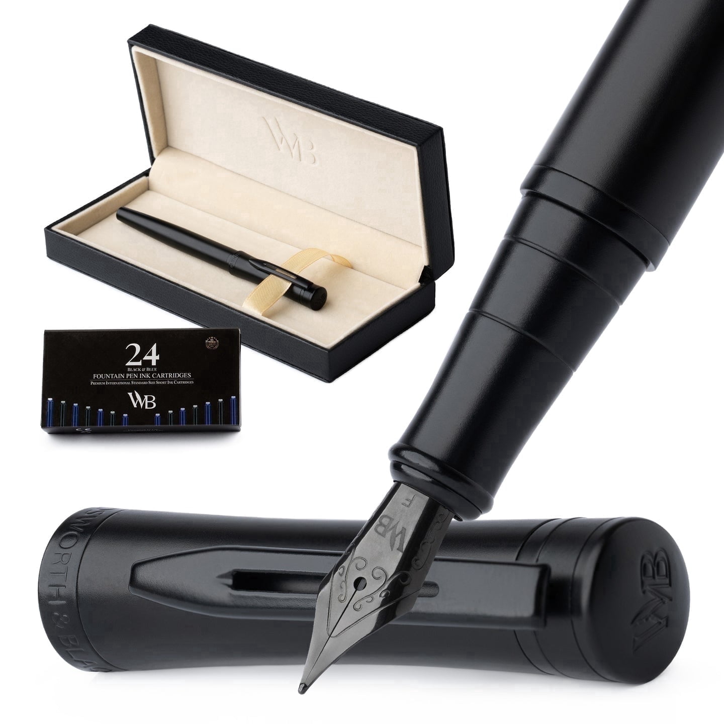 Wordsworth & Black Fountain Pen Set, Fine Nib, Includes 24 Pack Ink Cartridges, Ink Refill Converter & Gift Box, Calligraphy, [All Black], Perfect for Men & Women