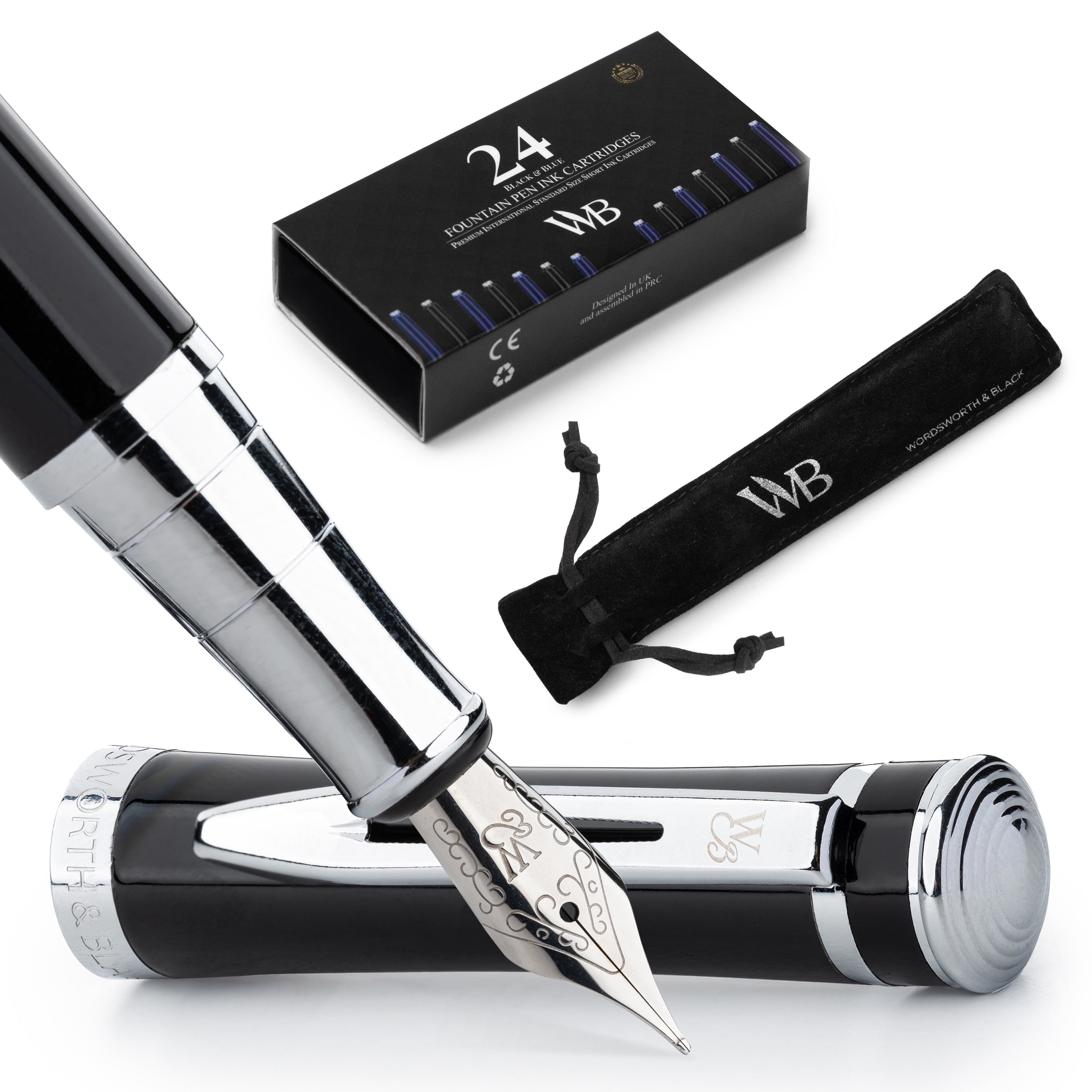 Wordsworth & Black Fountain Pen Set, Medium Nib, Includes 24 Pack Ink Cartridges, Ink Refill Converter & Gift Pouch, Chrome Finish, Calligraphy, [Black Chrome], Perfect for Men & Women