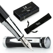 Wordsworth & Black Fountain Pen Set, Medium Nib, Includes 24 Pack Ink Cartridges, Ink Refill Converter & Gift Pouch, Chrome Finish, Calligraphy, [Black Chrome],
