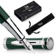 Wordsworth & Black Fountain Pen Set, Medium Nib, Includes 24 Pack Ink Cartridges, Ink Refill Converter & Gift Pouch, Chrome Finish, Calligraphy, [Racing Green],