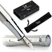 Wordsworth & Black Fountain Pen Set, Medium Nib, Includes 24 Pack Ink Cartridges, Ink Refill Converter & Gift Pouch, Chrome Finish, Calligraphy, [Silver Chrome], Perfect for Men & Women
