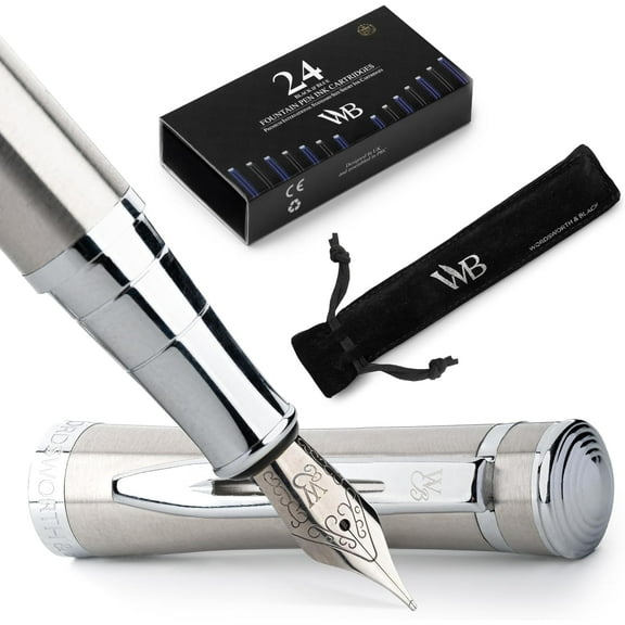 Wordsworth & Black Fountain Pen Set, Medium Nib, Includes 24 Pack Ink Cartridges, Ink Refill Converter & Gift Pouch, Chrome Finish, Calligraphy, [Silver Chrome], Perfect for Men & Women