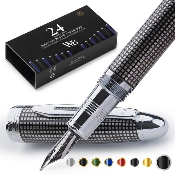 Wordsworth & Black Majesti Fountain Pen-(Black Checked), Luxury Case, Stainless Steel; Medium Nib- Ink Cartridges, Refillable Ink Converter-Calligraphy Pen-Best Business Gift Set for Men & Women