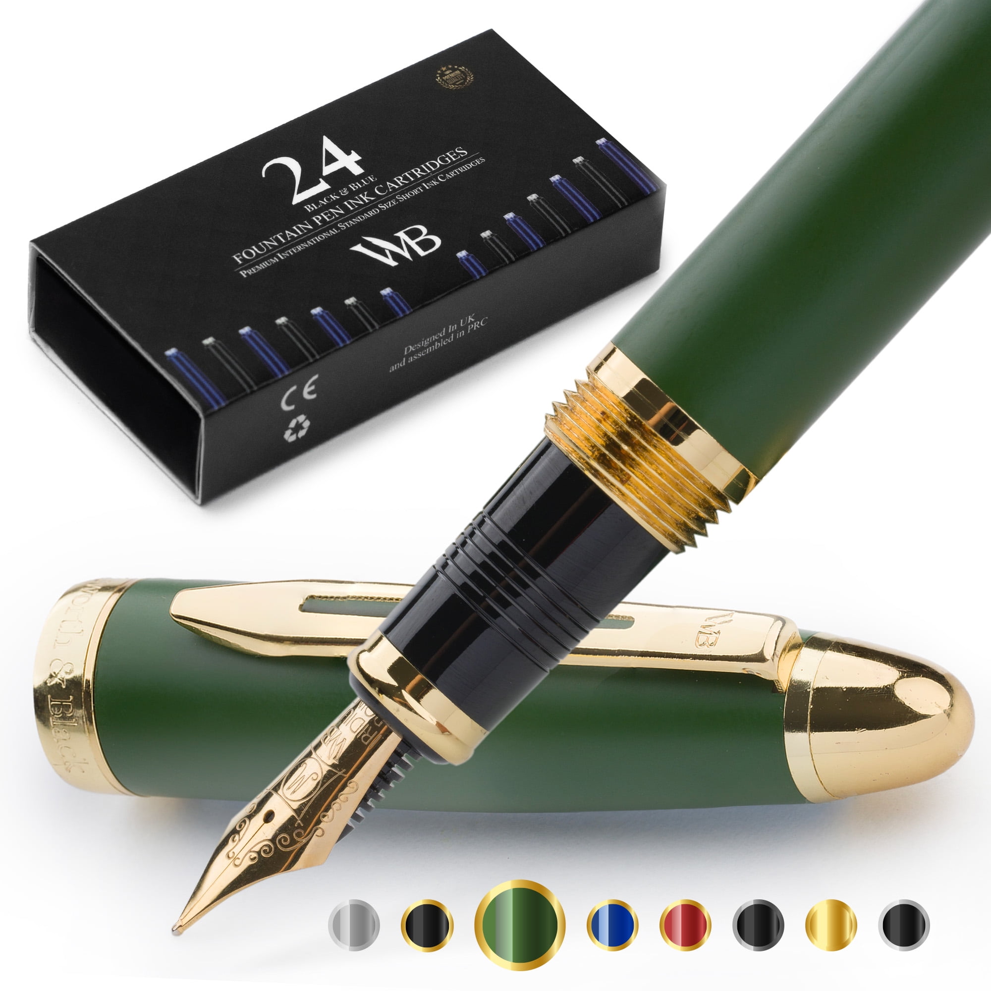 Wordsworth & Black Majesti Fountain Pen-(Green), Luxury Case, 24K Gold Finish; 18K Gilded Medium Nib- Ink Cartridges, Refillable Ink Converter-Calligraphy Pen-Best Business Gift Set for Men & Women