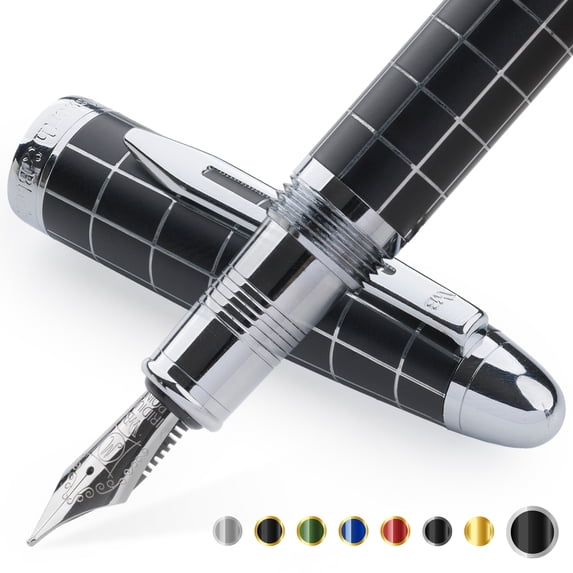 Wordsworth & Black Majesti Fountain Pen, Medium Nib Ink Pen, Checked Chrome - Refillable