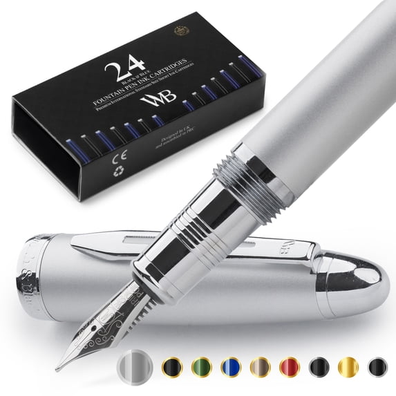 Wordsworth & Black Majesti Fountain Pen-(Silver), Luxury Case, 24K Gold Finish; 18K Gilded Medium Nib- Ink Cartridges, Refillable Ink Converter-Calligraphy Pen-Best Business Gift Set for Men & Women