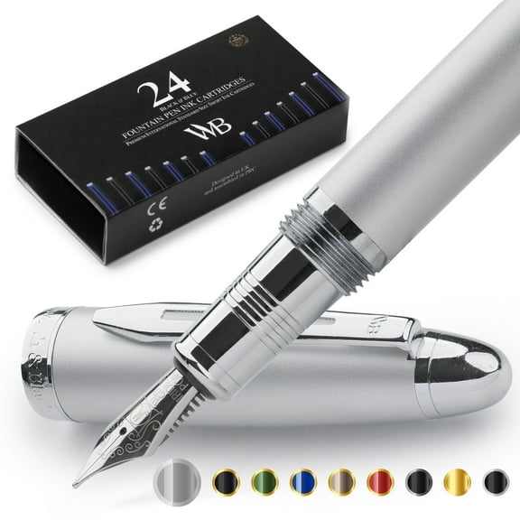 Wordsworth & Black Majesti Fountain Pen-(Silver), Luxury Case, 24K Gold Finish; 18K Gilded Medium Nib- Ink Cartridges, Refillable Ink Converter-Calligraphy Pen-Best Business Gift Set for Men & Women